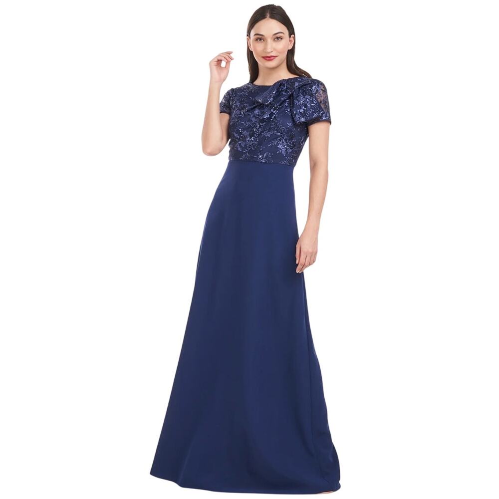 JS Collections Rae Floral Embroidered A-Line Gown navy blue maxi dress size 8